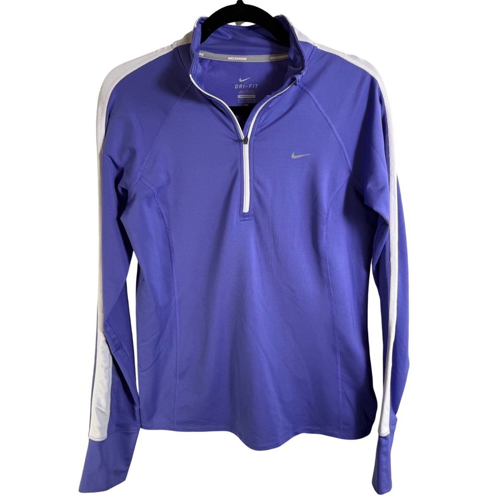 Nike Running Dri-FIT Quarter Zip Purple White Stripe Thumbhole Pullover Medium